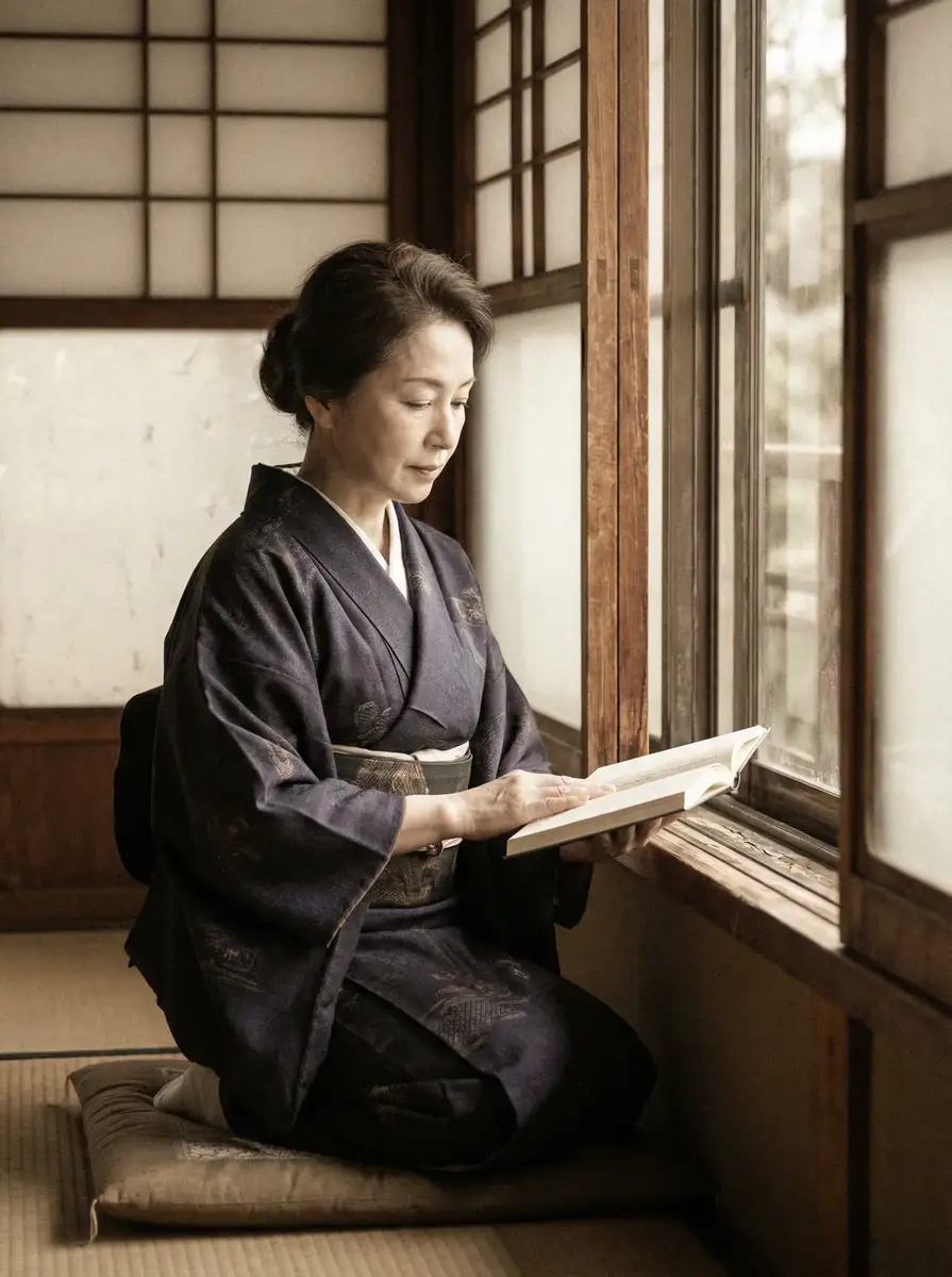 一位优雅的五十岁 里番 身穿深蓝色和服，在窗边静读
